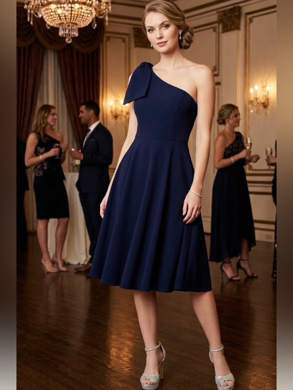 NWT GAL MEETS GLAM Yvonne Dream One-Shoulder Bow Tea Length Dress Midnight 10
